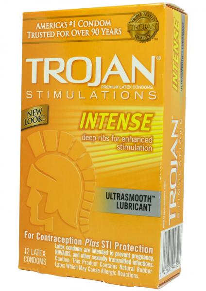 Trojan Condom Stimulations Intense Ribbed Lubricated 12 Pack