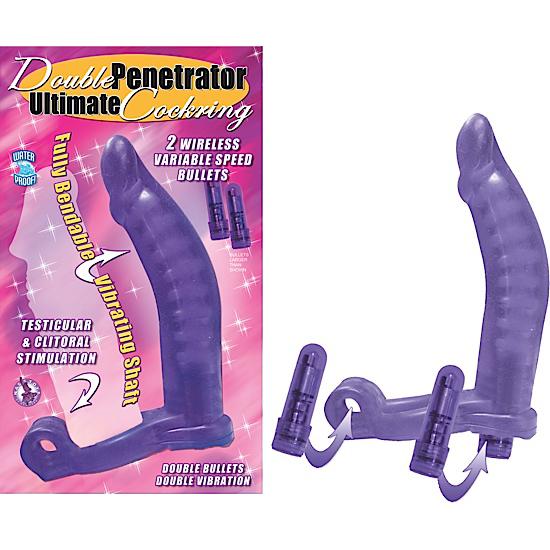 Double Penetrator Cockring With 2 Variable Speed Wireless Bullets Purple