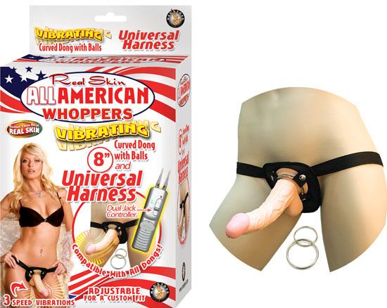 All American Whoppers 8 inches Vibrating Dong & Universal Harness	Beige