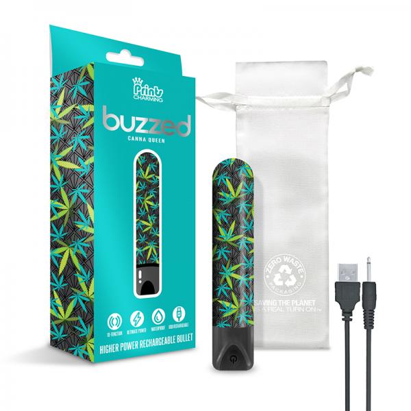 Prints Charming Buzzed Rechargeable 3.5'' Bullet - Canna Queen - Black