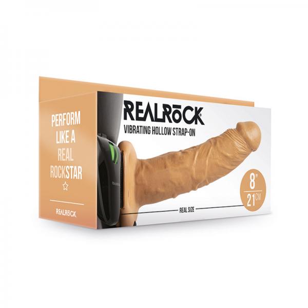 Shots Realrock 8'' Vibrating Hollow Strap On W/o Balls - Tan