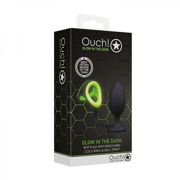 Ouch! Glow Butt Plug With Cock Ring & Ball Strap - Glow In The Dark - Green