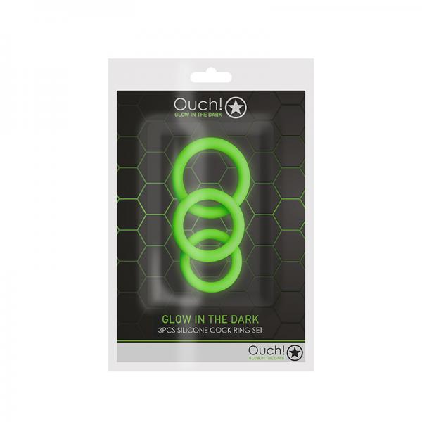 Ouch! Glow 3-piece Cock Ring Set - Glow In The Dark - Green