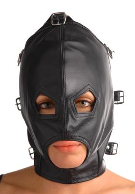 Asylum Leather Hood With Removable Blindfold And Muzzle- M/L