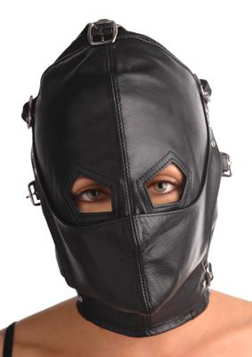 Asylum Leather Hood With Removable Blindfold And Muzzle- M/L